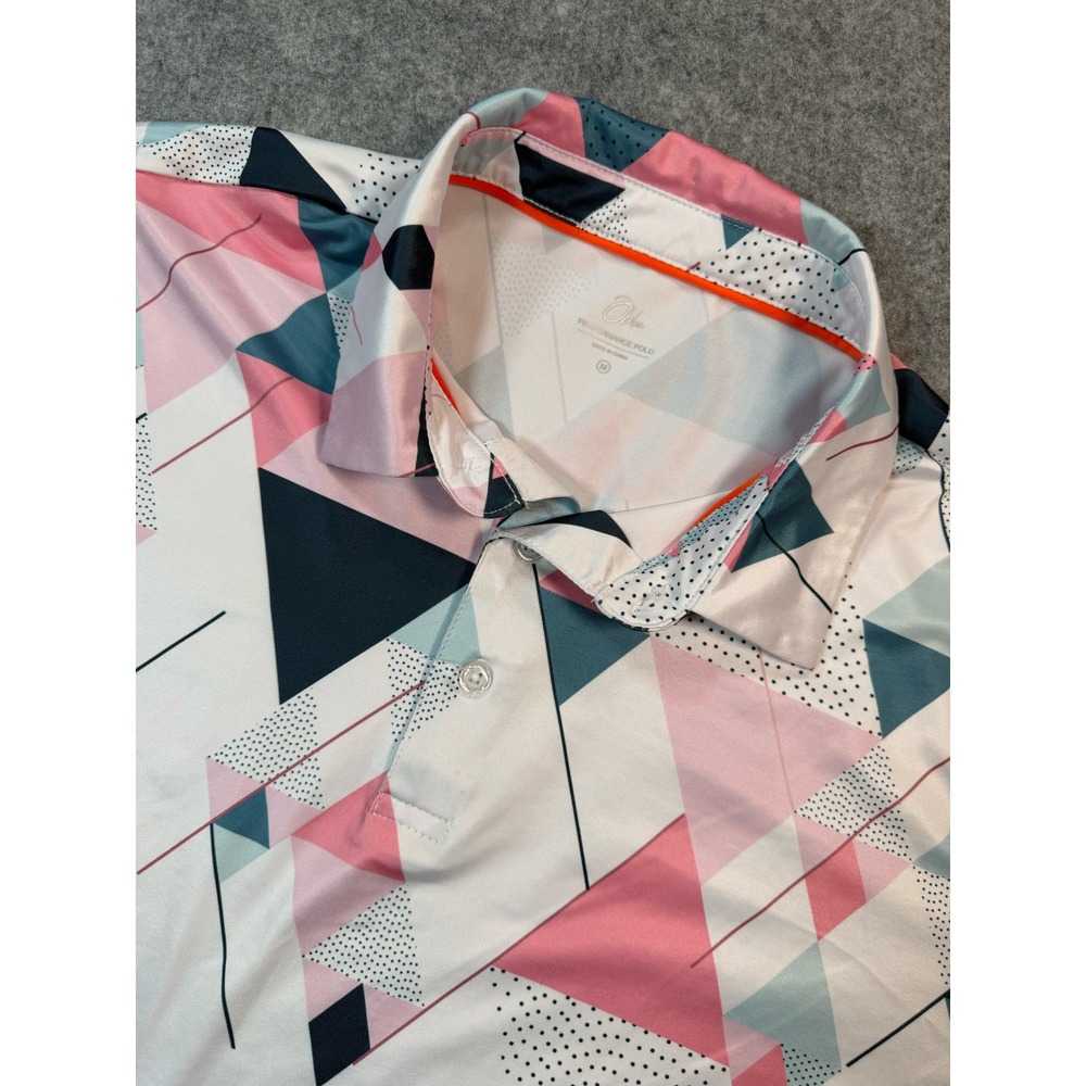 Obleu Performance Polo Mens Medium Pink Teal Geometric Triangle Golf‎ Shirt M
